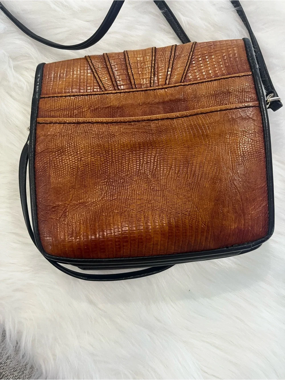 Textured Brown Croc-Embossed Crossbody Bag with Black Trim